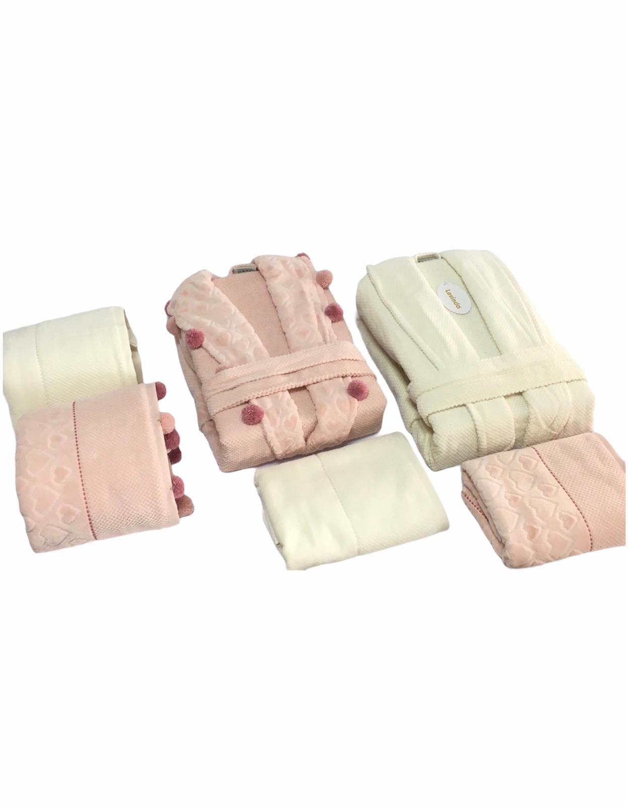 Kadife Jakarlı Ponponlu Bornoz Seti - 6 Parça