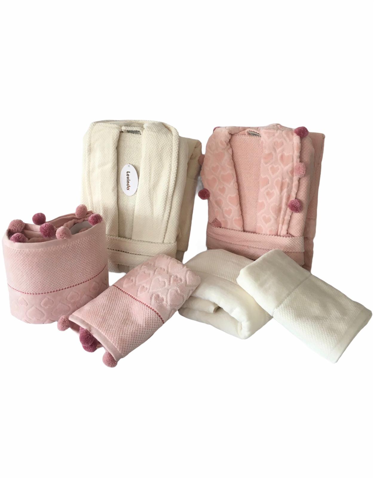 Kadife Jakarlı Ponponlu Bornoz Seti - 6 Parça